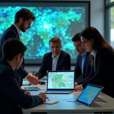 Diverse team analyzing mobile network coverage maps in an office setting