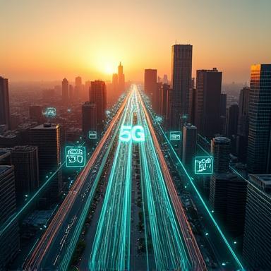 Modern cityscape with 5G overlay graphics