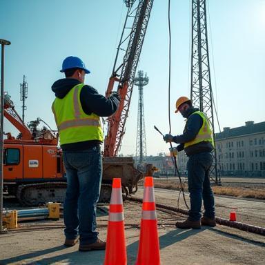 Technicians installing mobile broadband infrastructure