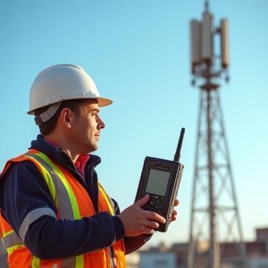 Engineer testing mobile signal with equipment outdoors